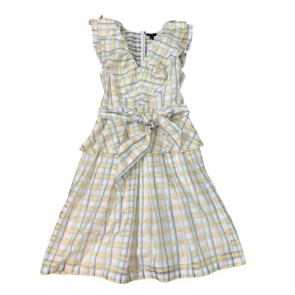 Atlantic Pacific X Halogen Midi Dress Medium Bow Tafetta Ruffle Belted Plaid